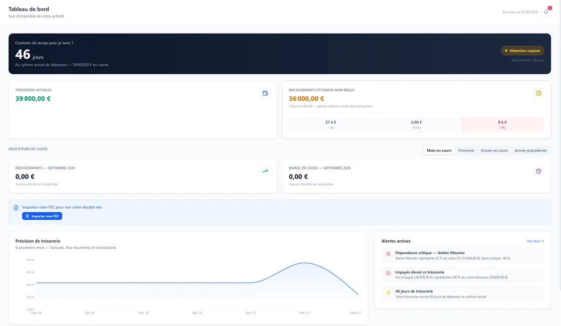 Tableau de bord financier avec graphiques de performance, écran de CFO Copilot avec données d'exemple