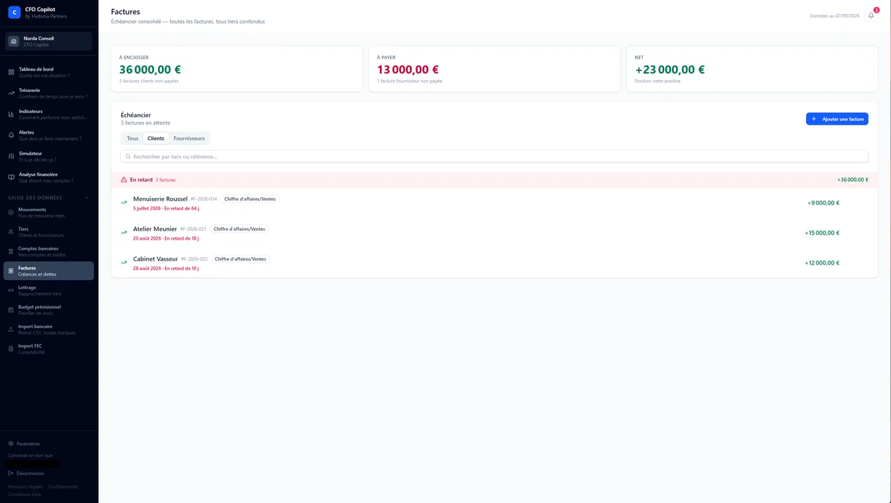 Page Factures CFO Copilot — échéancier des créances clients avec retards